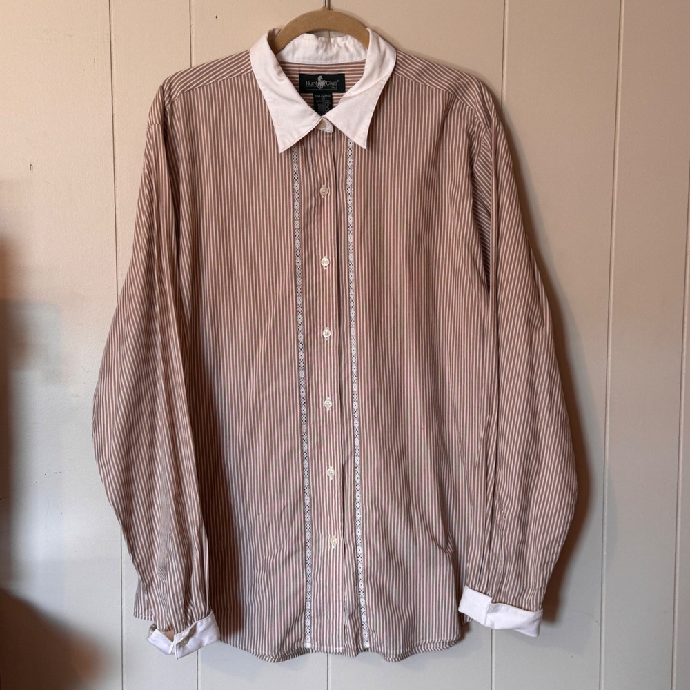 Hunt Club Vintage Tan Striped Button Down‎ Shirt Lace Trim Collar Tall 20
